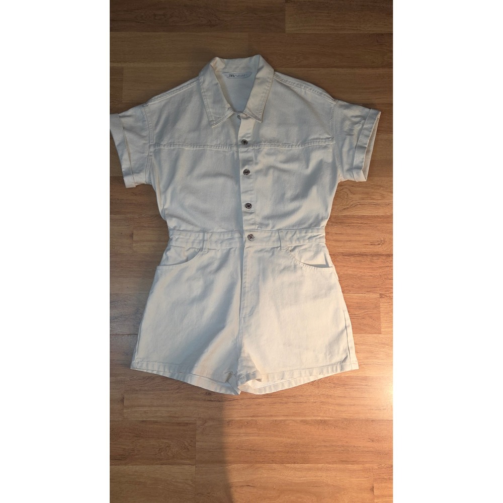 Zara White Denim Metallic Shimmer Short Sleeve Romper Utility Playsuit Large